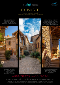 Affiche de présentation de la sortie mensuelle du village de Oingt le 6 mai 2026. Gratuit sur inscription.
